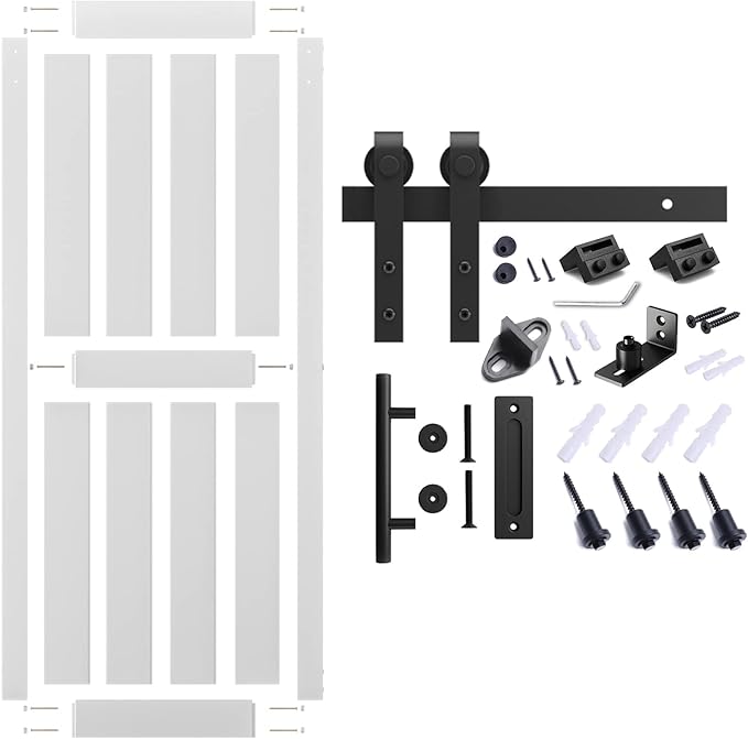 30''x96'' Sliding Barn Door with 5 Ft Barn Door Hardware Kit& Handle& Floor Guides,Pre-Drilled Holes Easy Assembly - Include Installation Manual, Water-Proof PVC Surface, H-Frame, White