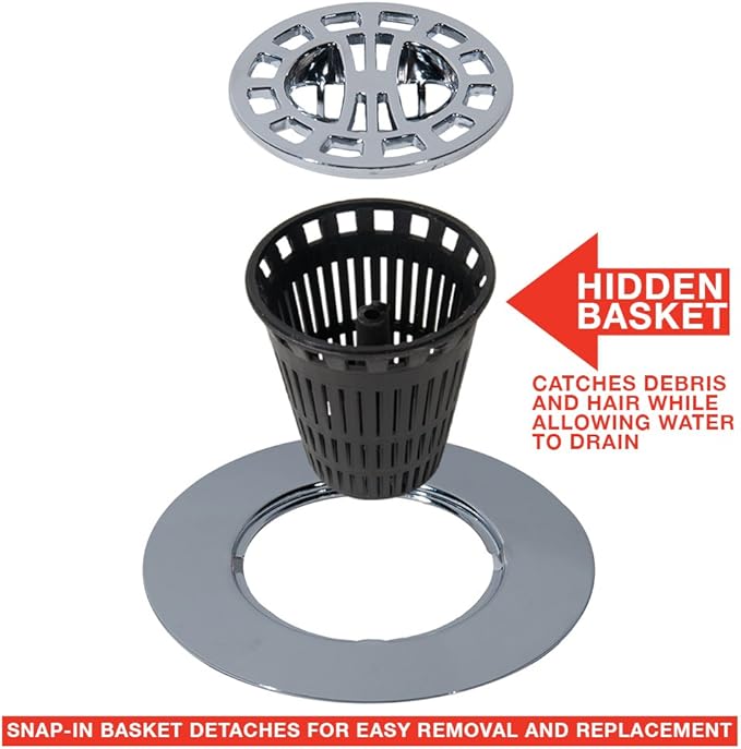 Danco 10529P Chrome Shower Drain Hair Catcher for Stand-Alone Shower, 3-inch Shower Drain Hair Trap, Includes 5 Replacement Baskets, Shower Strainer