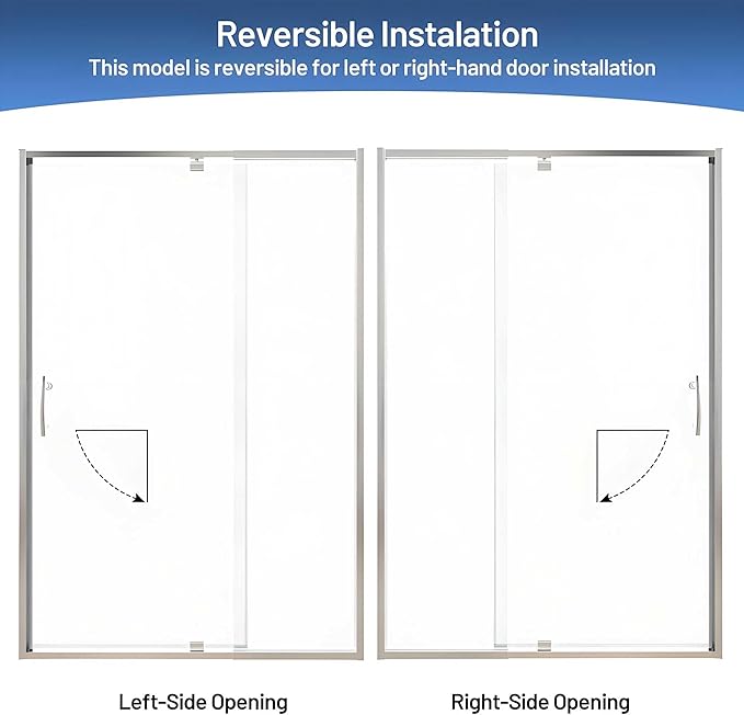 Pivot Glass Shower Door, 44–48" W x 71" H, 1/4"(6mm) Clear SGCC Tempered Glass, Chrome Finish, Magnetic Closure, Reversible Installation