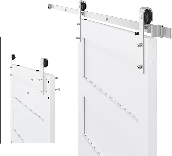 30in x 84in White Sliding Barn Door with 5ft Brushed Nickel Barn Door Hardware Kit & Handle, 5-Panel, Pre-Drilled Holes Easy Assembly, Water-Proof PVC Surface