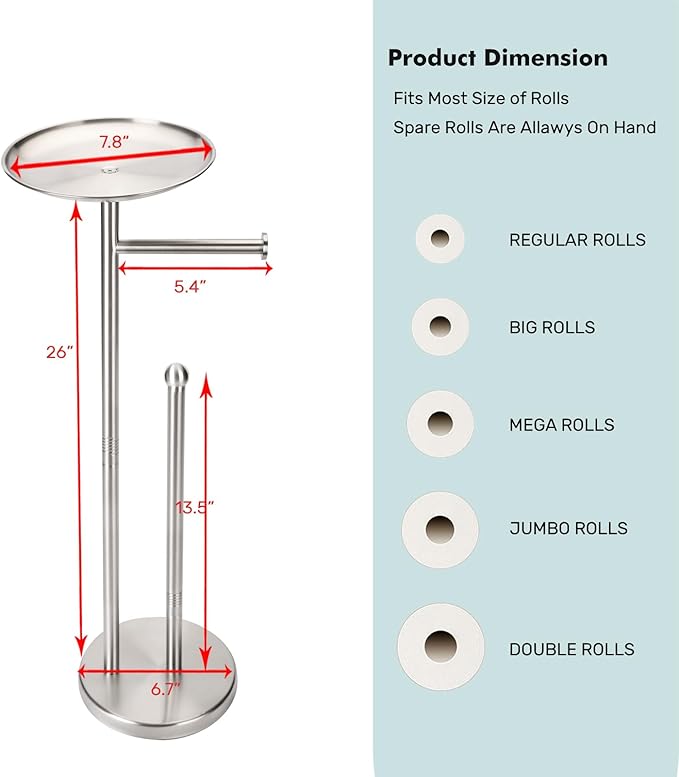 Freestanding Toilet Paper Holder with Shelf, Toilet Paper Stand with Storage for Holding Extra 4 Toilet Paper Rolls (Brushed Nickel)