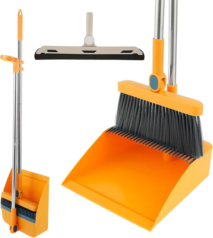 Broom and Dustpan Set for Home, 180° Rotating Broom Combo, Foldable Stand Dust Pans, Long Handle Broom and Dustpan Combo Set with Comb Teeth for Cleaning Kitchen Room Office Lobby Floor (Orange)