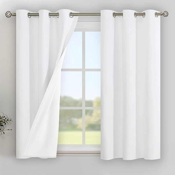 YoungsTex White Linen 100% Blackout Curtains 48 Inch Length for Bedroom, Thermal Insulated Drapes with Grommet Privacy Full Room Darkening for Living Room, 2 Panels, 42 X 48 Inch