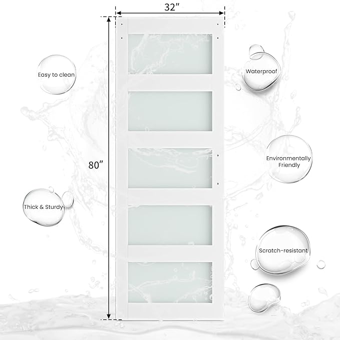 SmartStandard 32 x 80 in Glass Barn Door with 6FT Sliding Hardware Kit & Handle, Pre-Drilled Ready to Assemble, Waterproof PVC Coating, White, 5-Panel Glass