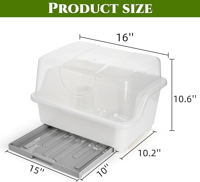 Dish Drying Rack, Plastic Plate Cup Dryer Holder with Lid Removable Drainboard, Cutlery Utensil Dish Nursing Bottle Organizer for Tableware, Kitchen Cabinet