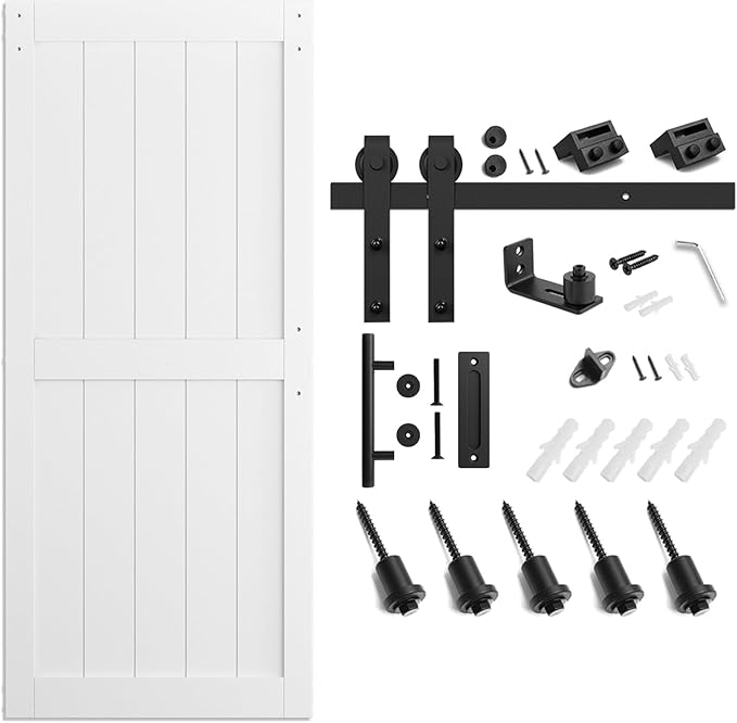 SmartStandard 36 x 84 inch White Sliding MDF Barn Door with 6.6FT Black Sliding Door Hardware Kit & Handle, Pre-Drilled Ready to Assemble, Waterproof PVC Coating, H-Frame