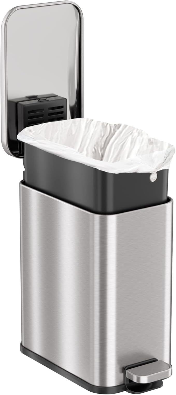 iTouchless 1.32 Gallon / 5 Liter Bathroom Trash Can with Lid, Slim Stainless Steel Step Garbage Can, Soft Close Small Wastebasket with Removable Inner Bucket for Kitchen, Powder Room, Dorm, Silver