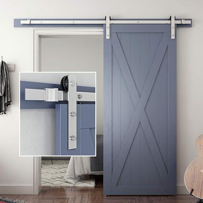 SMARTSTANDARD 6.6 Feet Brushed Nickel Sliding Barn Hardware Kit-Sturdy Silvery Track-Smoothly and Quietly-Simple and Easy to Install-Fit 36"-40" Wide Door Panel (I Shape Hanger)