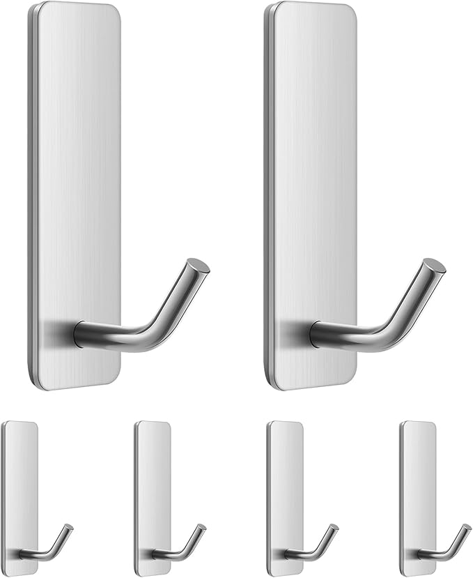 Small Self Adhesive Hooks for Walls No Damage, 6-Pack Stainless Steel Stick on Hooks for Hanging Towel Key Hat Bag Jewelry, Sticky Hangers for Kitchen Bathroom Door (Silver(6pcs))
