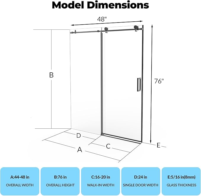 44-48" W x 76" H Frameless Sliding Shower Door，5/16" Thick Tempered Clear Glass with Explosion-Proof Film,Easy-to-Clean Coating,Handle and Seal Strip, Matte Black