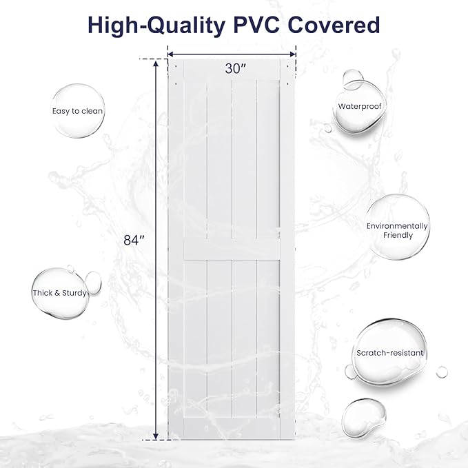 SmartStandard 30 x 84 inch White Sliding MDF Barn Door with 5FT Brushed Nickel Sliding Door Hardware Kit & Handle, Pre-Drilled Ready to Assemble, Waterproof PVC Coating, H-Frame