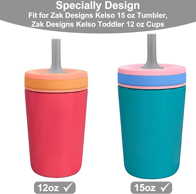 XANGNIER Replacement Straws and Bite Valve Compatible with Zak Designs Kelso 15 oz Tumbler Water Bottle,4 Pcs Reusable Silicone Straws with Cleaning Brush for Zak Designs Kelso 12 oz Cups,Grey