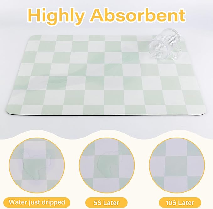 Checkered Dish Drying Mat （Green，24" x 16"） for Kitchen Counter Coffee Mat Bar Accessories,Fit Uder Pot, Dish Rack,Hide Stain,Absorbent Easy Clean