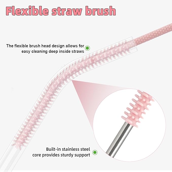 Silicone Straw Cleaner Brush, 4-Piece Reusable Straw Brush Set with Extra-Long Design for Cleaning Thin Metal Straws and Wider Milkshake Straws （6mm+9mm Pink)