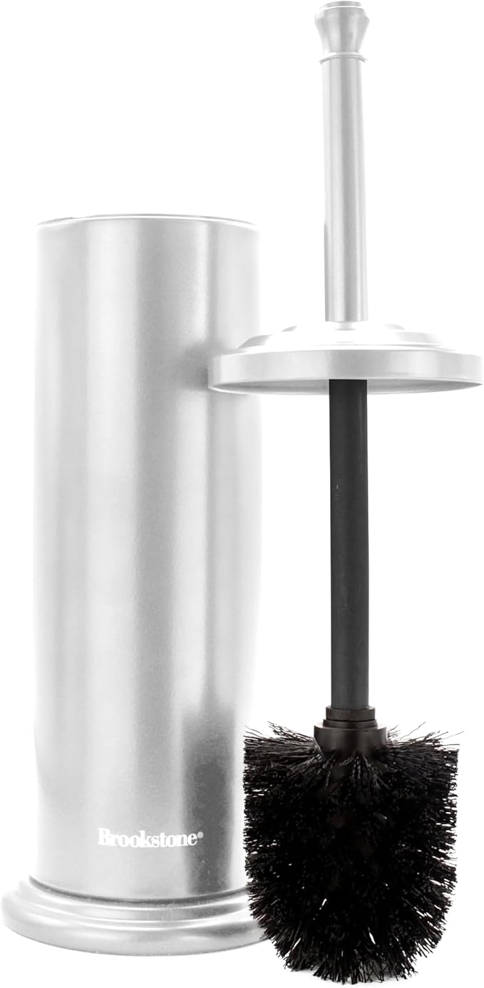 BROOKSTONE Toilet Brush and Holder Set for Bathroom with Splash Guard for Deep Cleaning, Compact and Space Saving Stylish Toilet Bowl Cleaners, Chrome