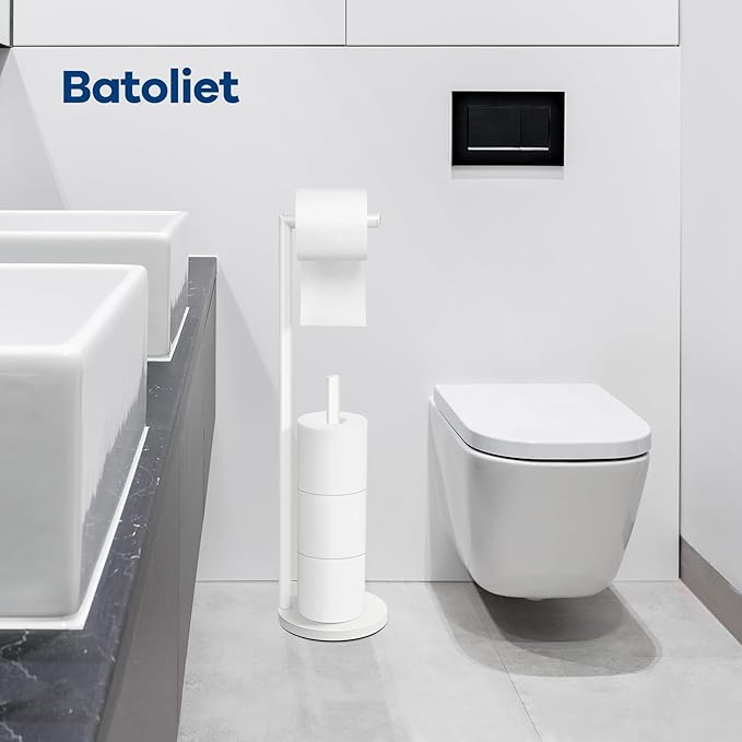 Toilet Paper Holder Stand,Toilet Paper Holder Free Standing,White Toilet Paper Roll Holder for 4 Rolls,Bathroom Toilet Paper with Storage