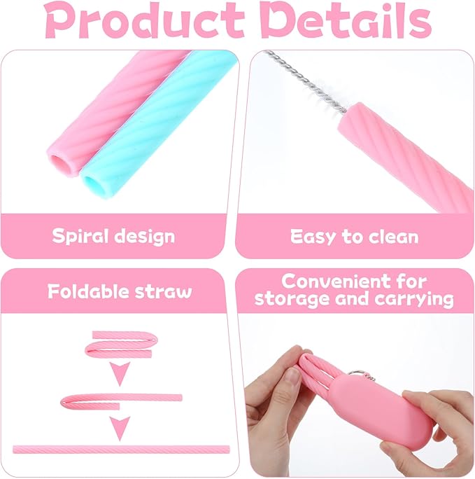 2 Set Travel Straws Reusable with Case, Portable Straw for Hot & Cold Drinks, Foldable Silicone Straws with Cleaning Brush & Keychain (Pink, Blue)