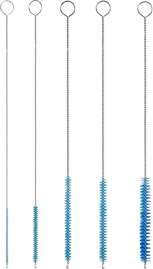 10" Tube Cleaning Brush Set, 5 Pack Small, Extra Long Nylon Straw Brushes with Flexible Handles for Bottles, Cleaning Straws, Pipe Cleaners, Keyboard, Glass, Guns, Detailing and Deep Cleaning, Blue