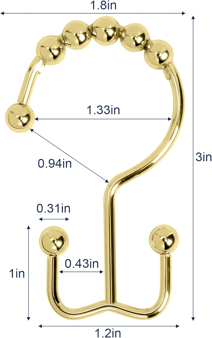 Shower Curtain Hooks,Sturdy Stainless Steel Double Sided Shower Hooks Rings for Bathroom Shower Curtain Rods Curtains Set of 12 Hooks - Gold