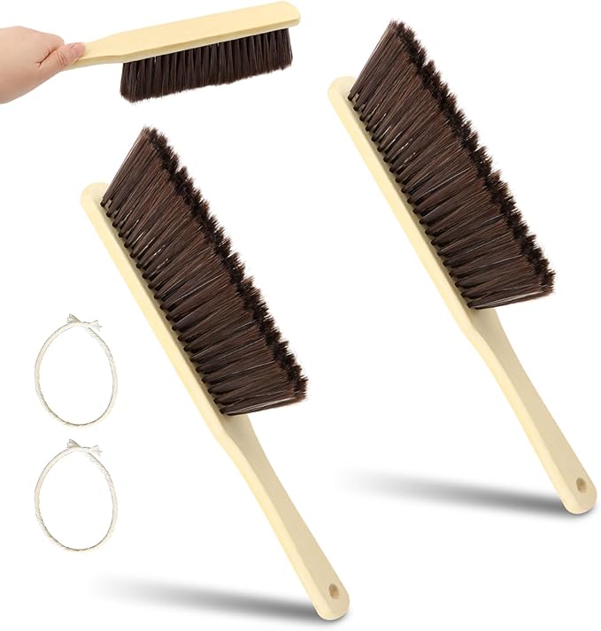 2 Pieces Wooden Hand Broom Brushes, Bench Brush with Long Wood Handle, Soft Bristle Cleaning Dust Brush for Counter, Bench, Car, Furniture, Bed, Woodworking Cleaning(Color:As Shown)