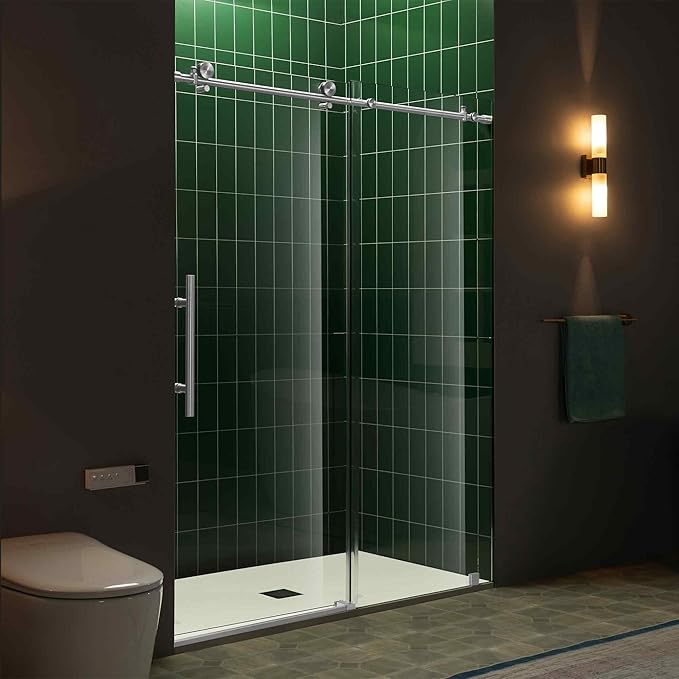 Woodbridge 56-60" W x 80" H Frameless Single Sliding Shower Door with Tempered Glass & Explosion Proof Film in Chrome Finish
