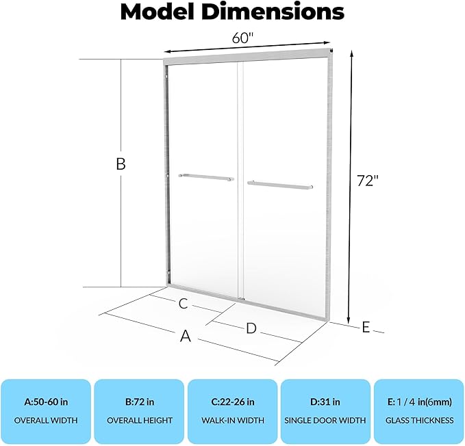 Sliding Shower Door with Fully Framed Aluminum Alloy, 50"-60" Adjustable Width x 72" Height, Dual 6mm Tempered Glass Panels, Brushed Nickel Square Track, Space-Saving Bypass