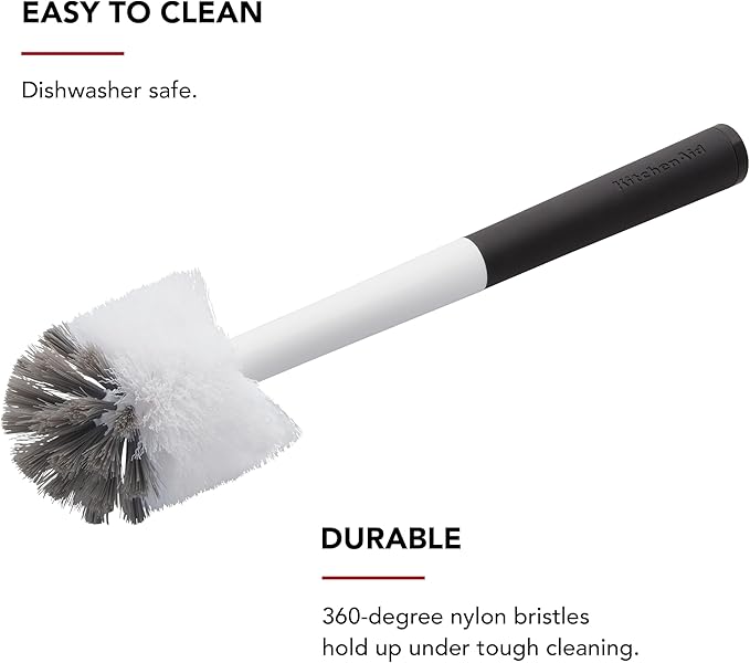 KitchenAid Narrow Neck Bottle Brush for Travel Mugs, Water Bottles, Vases, and More, Non Slip Comfort Grip Handle, Black and White