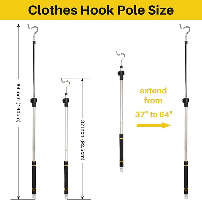Clothes Hook Pole Heavy Duty, 36" to 65" Long Research Pole with Hook Sponge Long Handle Telescoping Pole Stainless Steel Tube S Hook Closet for Reaching Extending Rod Hang High Area Top