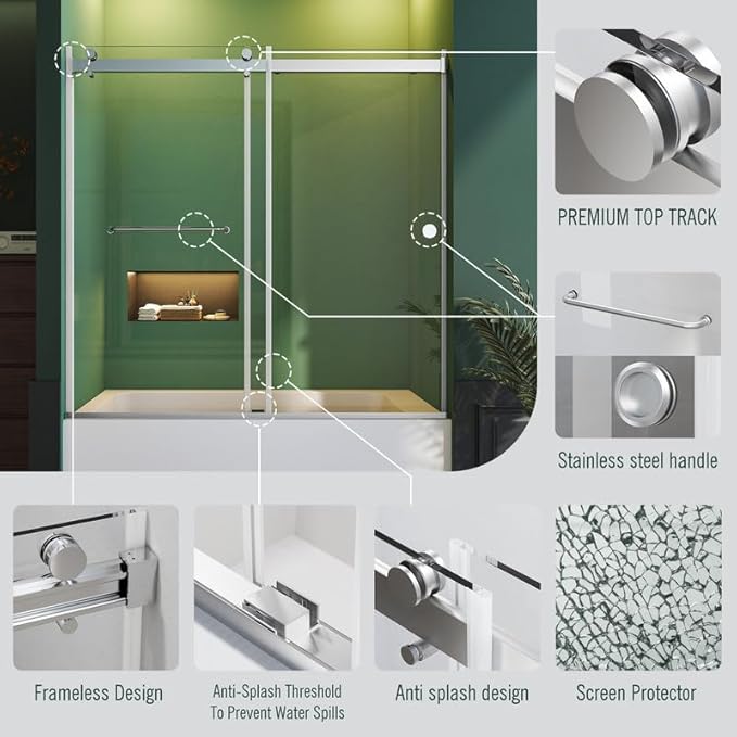 Bathtub Sliding Door, 55"-60" W x 56" H Tub Shower Door, Bathtub Glass Door, Bathtub Double Sliding Tempered Glass Explosion-Proof Film Stainless Steel Brushed Silver