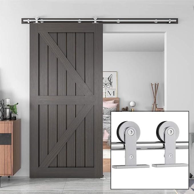 WINSOON Barn Door Hardware Kit 6FT: Brushed Nickel Heavy-Duty Smoothly Quietly Low Profile - Stainless Steel Sliding Door Track for in/Exterior - Easy Assemble Top Mount Barn Door Kit for DIYers