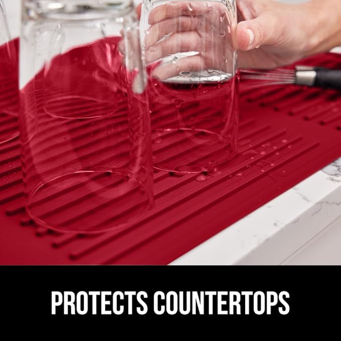 GORILLA GRIP 100% BPA-Free Patented Silicone Dish Drying Mat for Kitchen Counter, 18x24 Inch, Water Catching Ribbed Design, Easy Clean Waterproof Sink Liner, Heat Resistant, Fits Under Rack, Red