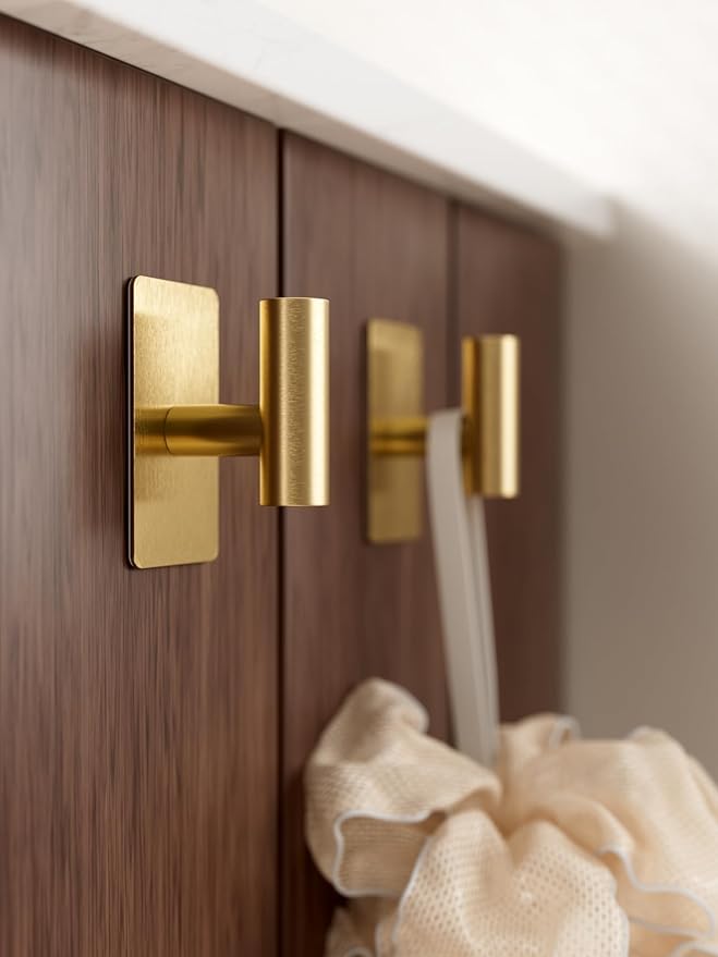 Towel Hooks for Bathrooms – 2 Pack, Brushed Gold Finish, T-Shaped Stainless Steel Adhesive Wall Hooks for Robes & Towels in Kitchen, Shower, or Closet