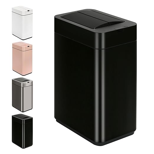 Sensor Trash Can with Butterfly Lid 2.6 Gallon Rectangular Automatic Garbage Can, Stainless Steel Trash Bin, Slim Waterproof Wastebaskets with Lid Soft Close for Under Counter, Black