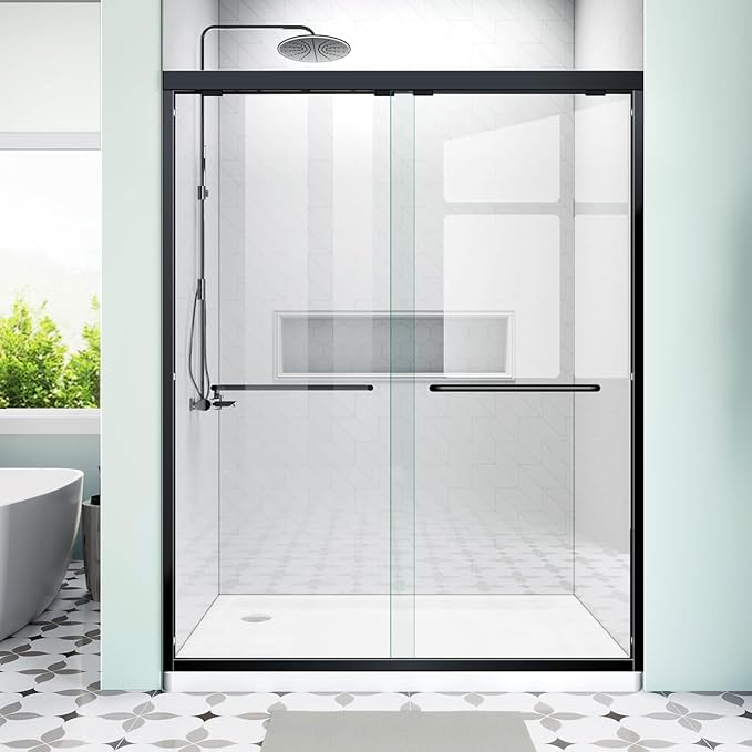 48 Inch Glass Shower Door with 1/4" (6mm) Clear SGCC Tempered Glass,44-48 in.W x72 in.H Semi-Frameless Sliding Shower Door,Matte Black Hardwares with 4'' Adjustable Rail,304 Stainless Steel Handles