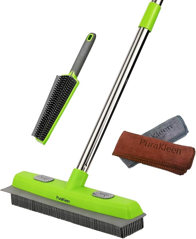 Carpet Rake for Pet Hair Removal with 61" Long Handle, 2 Microfiber Clothes, Squeegee & Pet Silicone Brush,4 in 1 Green Multi-Surface Hair Remover for Rugs,Carpets,Floors, Tiles, Couches