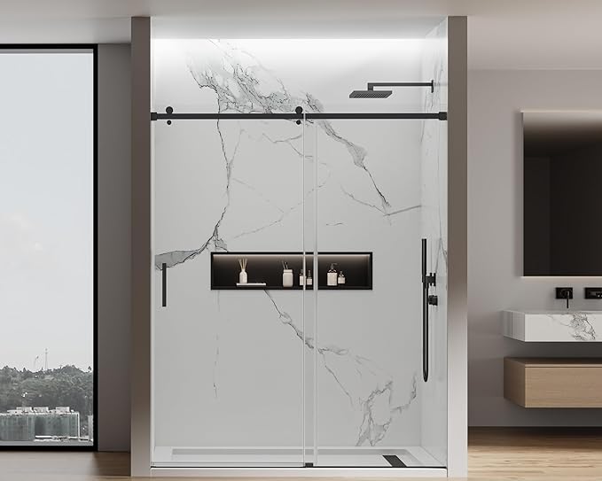 56-60" W x 74" H Frameless Sliding Shower Door, 5/16"(8mm) Clear Tempered Glass, Premium SUS304 Stainless Steel Hardware, Double Nano Coating, JVR-X02 (Matte Black)