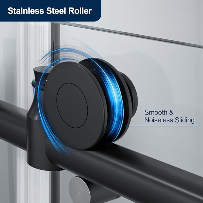Double Sliding Shower Door 60" W x 74" H, Frameless Shower Enclosure 5/16" (8mm) Clear Tempered Glass, Stainless Steel Circular Guide Rail, Matte Black Finished