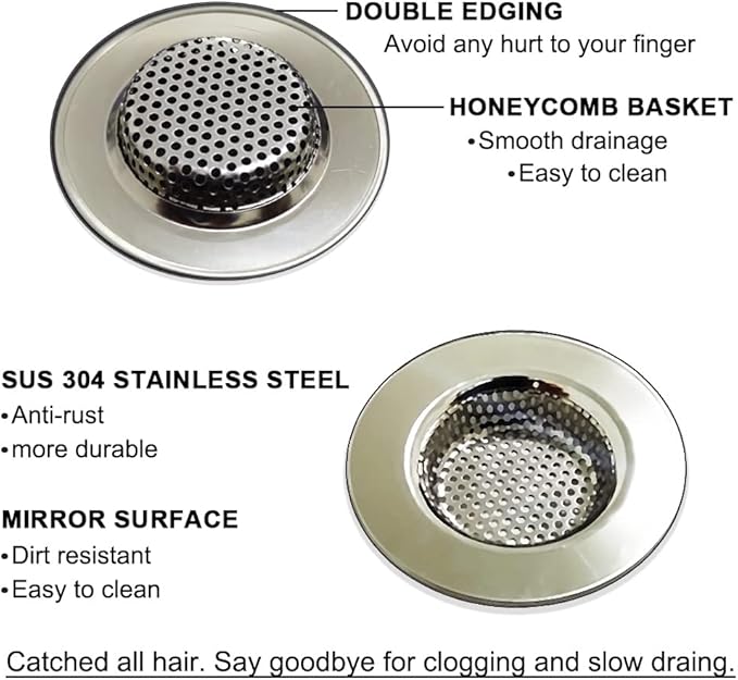 2PCS 3.0" Top / 1.75" Basket Bathtub Drain Strainers, Shower Drain Hair Catcher, Stainless Steel Drain Cover Basket for Bathroom Laundry Floor Drain