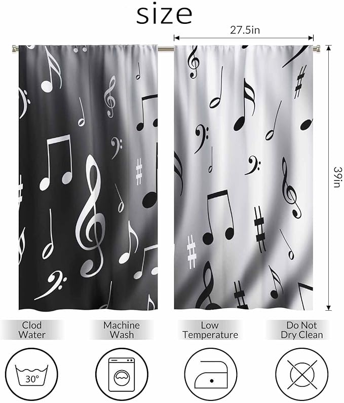 Modern Kitchen Curtains Black and White Music Notes Dancing Short Tier Curtains for Bathroom Cafe Small Window Drapes Treatment 2 Panels (27.5x39 Inch)