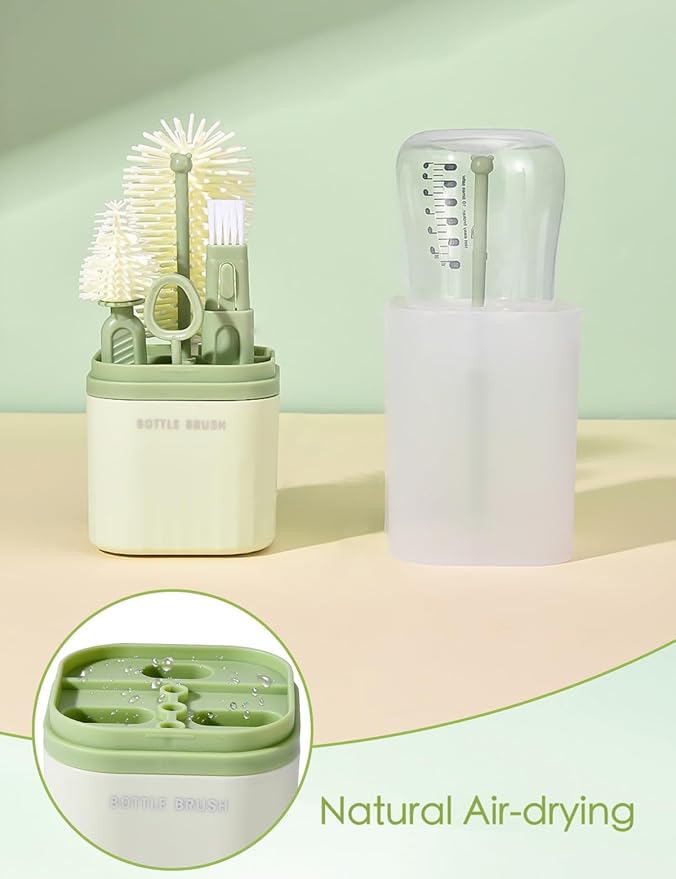 Baby Bottle Brush Set-Travel Bottle Cleaner Kit with Silicone Brush,Drying Rack,Nipple Brush,Straw Brush,Bottle Mouth Brush,Storage Box-6 in 1 Portable Bottle Washing Kit for Home and Travel