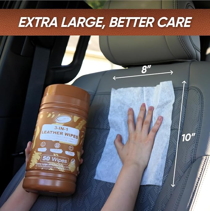 Air Jungles 3in1 Leather Wipes 50 Count (Pack of 2), Extra Large 8" x 10" Size, Clean Condition Protect Wipes for Leather Car Seat, Furniture Couch, Shoes Boots Bags Purse Apparel