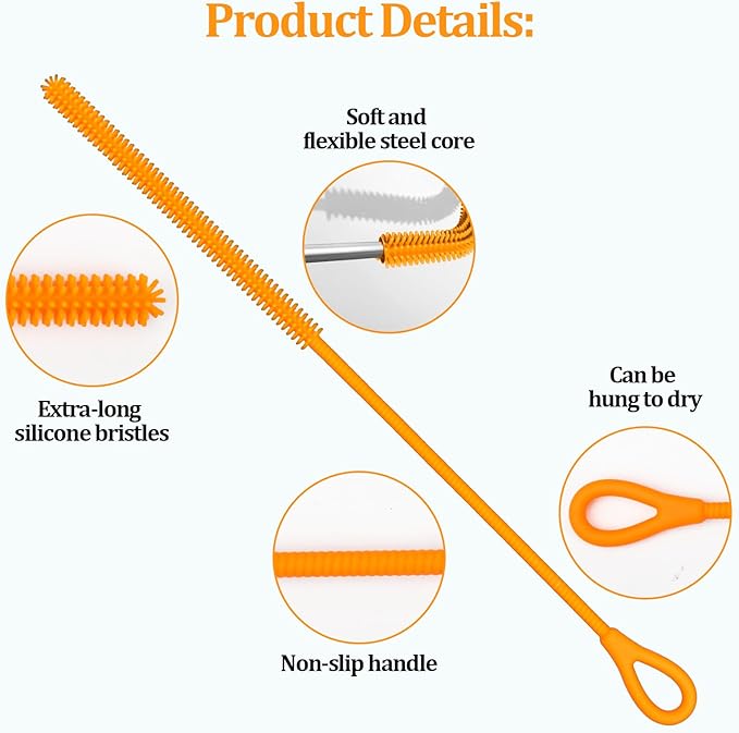 Silicone Straw Cleaner Brush, 2Pcs Straw Cleaner Brush Extra Long, Straw Cleaning Brush, Straw Brush Bristles Cleaner Brush for Cleaning Stanley, Metal Glass Straws, Drink Lid (Orange)