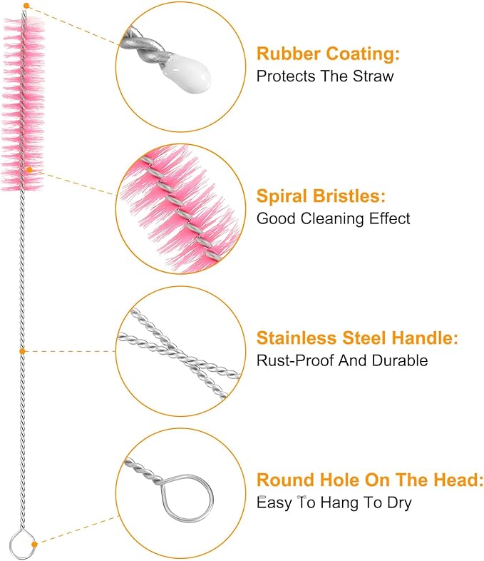 uxcell 15Pcs Drinking Straw Cleaning Brushes, 8" x 5/8" Nylon Bristles Long Straw Brush Pipe Cleaner for Washing Straws Pot Spout, Sippy Cup, Bottle and Tube (Pink)