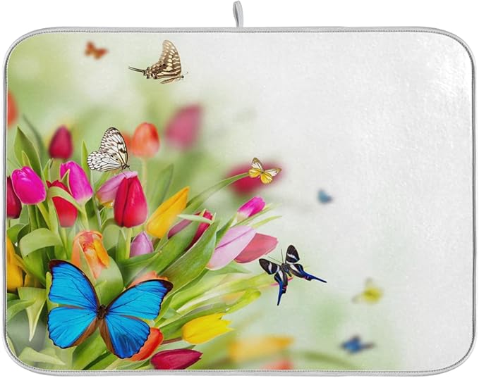 Tarity Colorful Tulip Butterfly Dish Drying Mat for Kitchen Counter Absorbent Heat Resistant Microfiber Dishes Drainer Mat 16x18 in Dish Pad Sink Mat Protective Pad Kitchen Decor