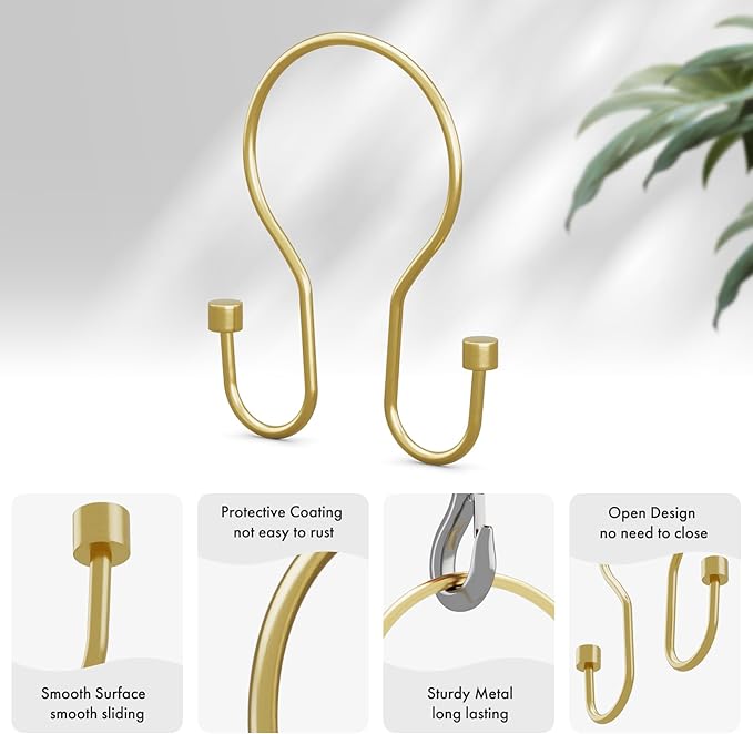 AmazerBath Shower Curtain Hooks, Shower Curtain Rings with Cylindrical Design, Light Gold Shower Curtain Hooks Rust Proof, Metal Double Hook Shower Hooks for Shower Curtain