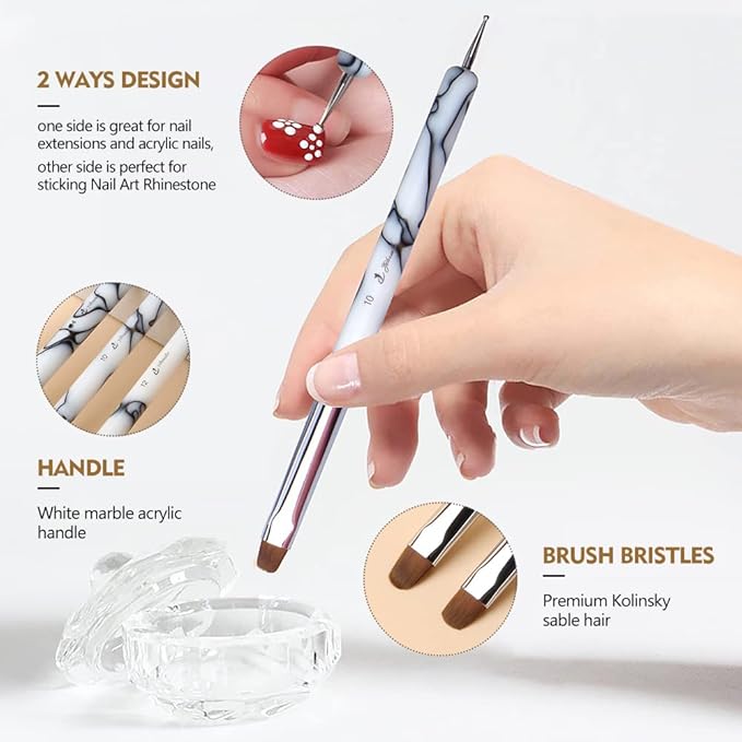 French Nail Brush, YIHUALE 2 Way French Gel Acrylic Nail Art Kolinsky Brush With Dotting Tool for Professional Manicure Cuticle Clean Up Nail Art Design- White And Black 8# (8#, Black and White)