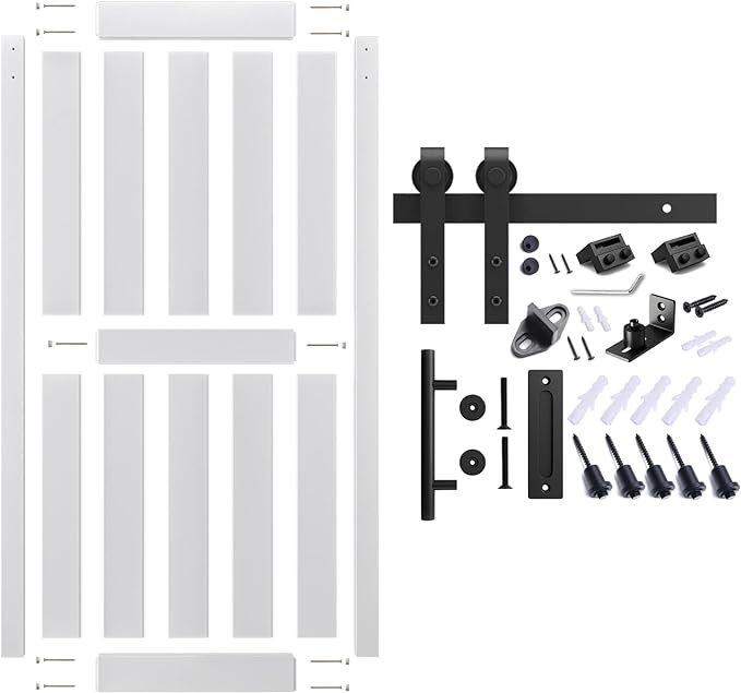 36''x96'' Sliding Barn Door with 6.6 Ft Barn Door Hardware Kit& Handle& Floor Guides,Pre-Drilled Holes Easy Assembly - Include Installation Manual, Water-Proof PVC Surface, H-Frame, White