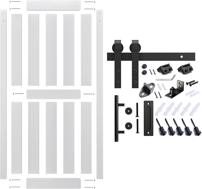 36''x 80'' Sliding Barn Door with 6.6 Ft Barn Door Hardware Kit& Handle& Floor Guides,Pre-Drilled Holes Easy Assembly - Include Installation Manual, Water-Proof PVC Surface, H-Frame, White