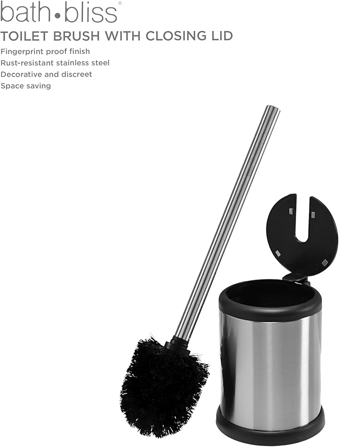 Bath Bliss Toilet Brush and Holder | Self Closing Lid | 360 Degree Brush Head-| Bathroom Cleaning-| Compact Size-| Storage and Organization-| Stainless Steel,(Pack of 12)