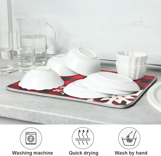 Christmas Red Plaid Snow Snowflake Dish Drying Mat 18x24 inch Red Black Lattice Texture Dish Drainer Kitchen Counter Mats Bottles Dish Dry Pad Protector for Kitchen Countertops